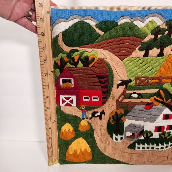 UNBRANDED Vintage 1980s Crewel Embroidery Farm At Harvest Unframed 11" x 14" - Picture 9 of 11